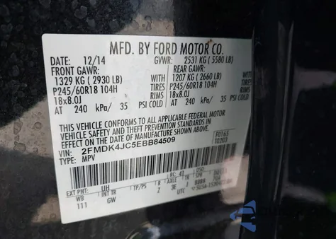 2014 Ford Edge Sel from USA, damaged, VIN 2FMDK4JC5EBB84509